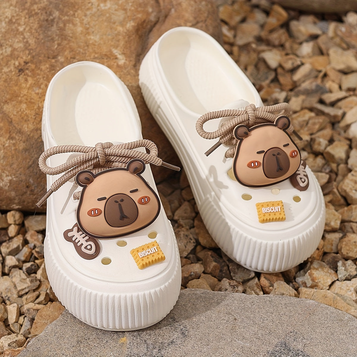 Women's Summer White EVA Clogs with Bear Charm and Thick Sole