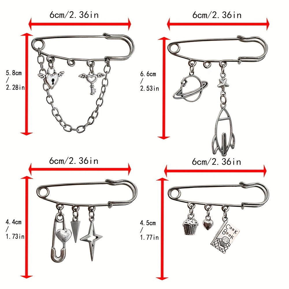 Ayollar uchun 4 ta Alloy Cartoon Broochlar to'plami, Yurak qanotlari, tort, raketa, moda aksessuarlari