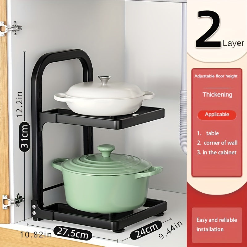 Регулируемая полка для кухонных кастрюль с 3 уровнями — открытая конструкция для легкого доступа, простая установка и надежное решение для хранения вашей посуды.