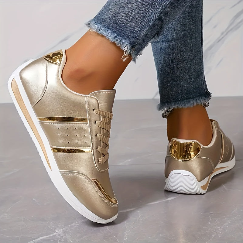 Women's Glitter Stripe Casual Sneakers with Metallic Gold Upper