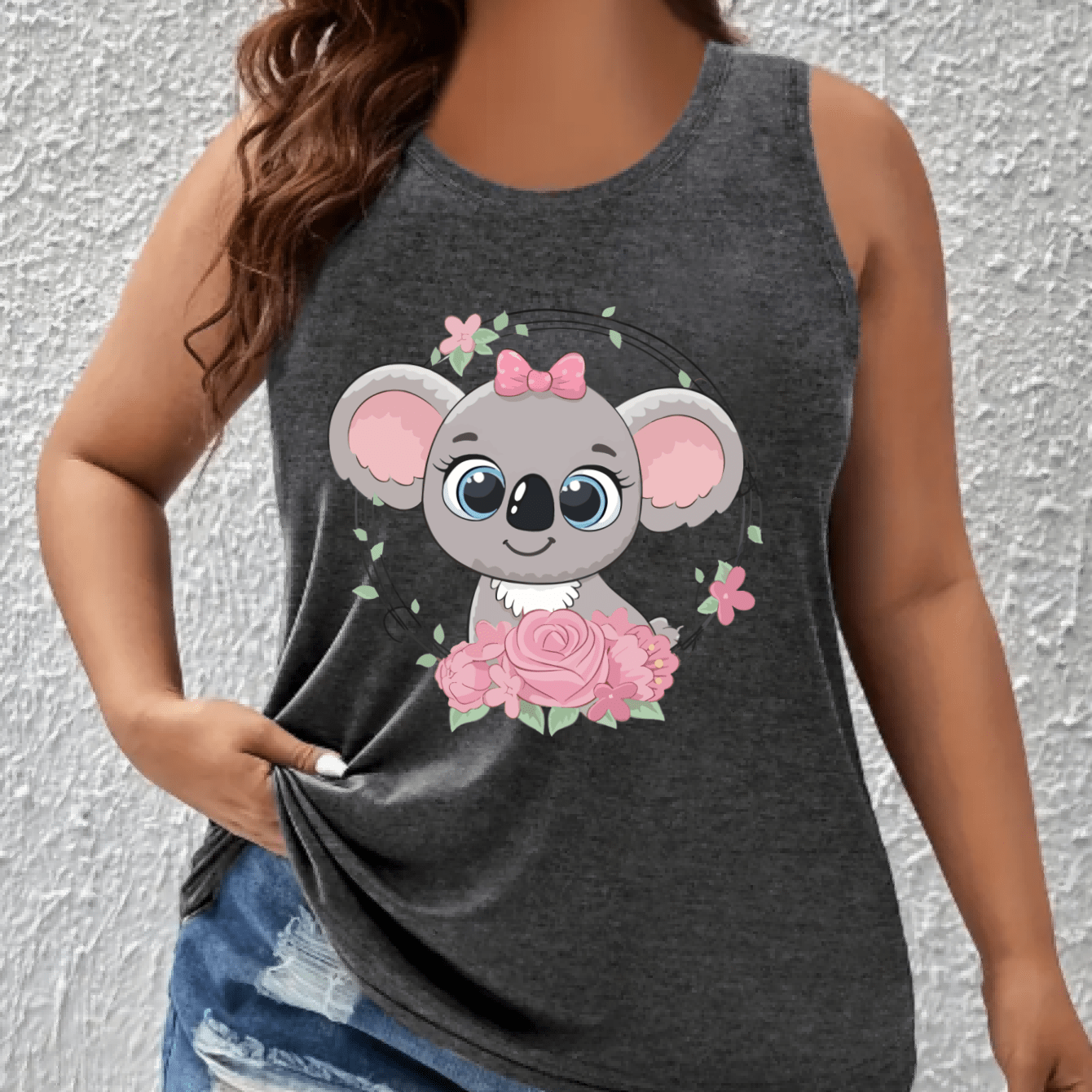 Top sin mangas de mujer talla grande con hombros descubiertos y estampado de koalas y flores