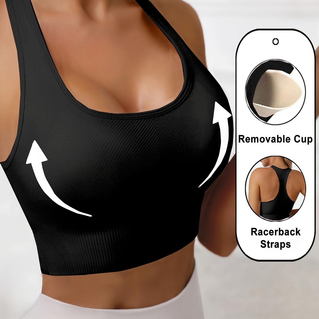 Women's Black High-Stretch Polyamide Sports Bra with Removable Cups and Racerback Support
