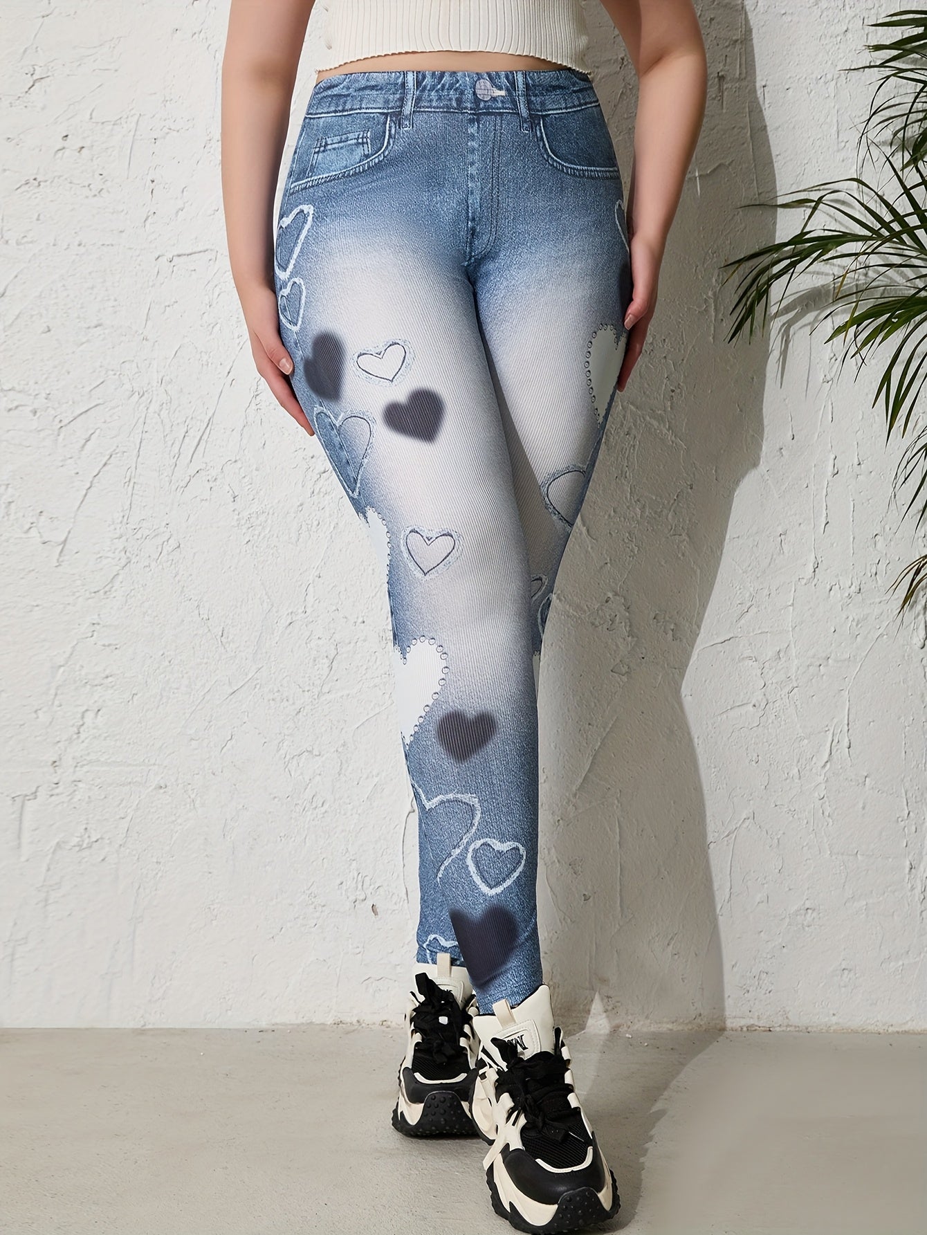 Plus Size Women's Imitation Denim Printed Heart Skinny Pants Tapered Faux Jeans