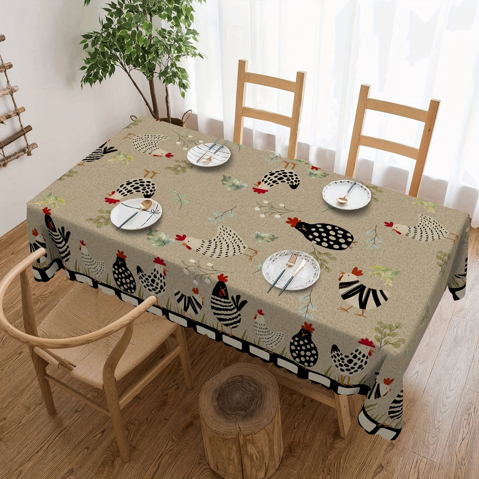 Rustic Farmhouse Style Table Cover with Rooster Pattern Stain Resistant Non-slip Wrinkle Resistant