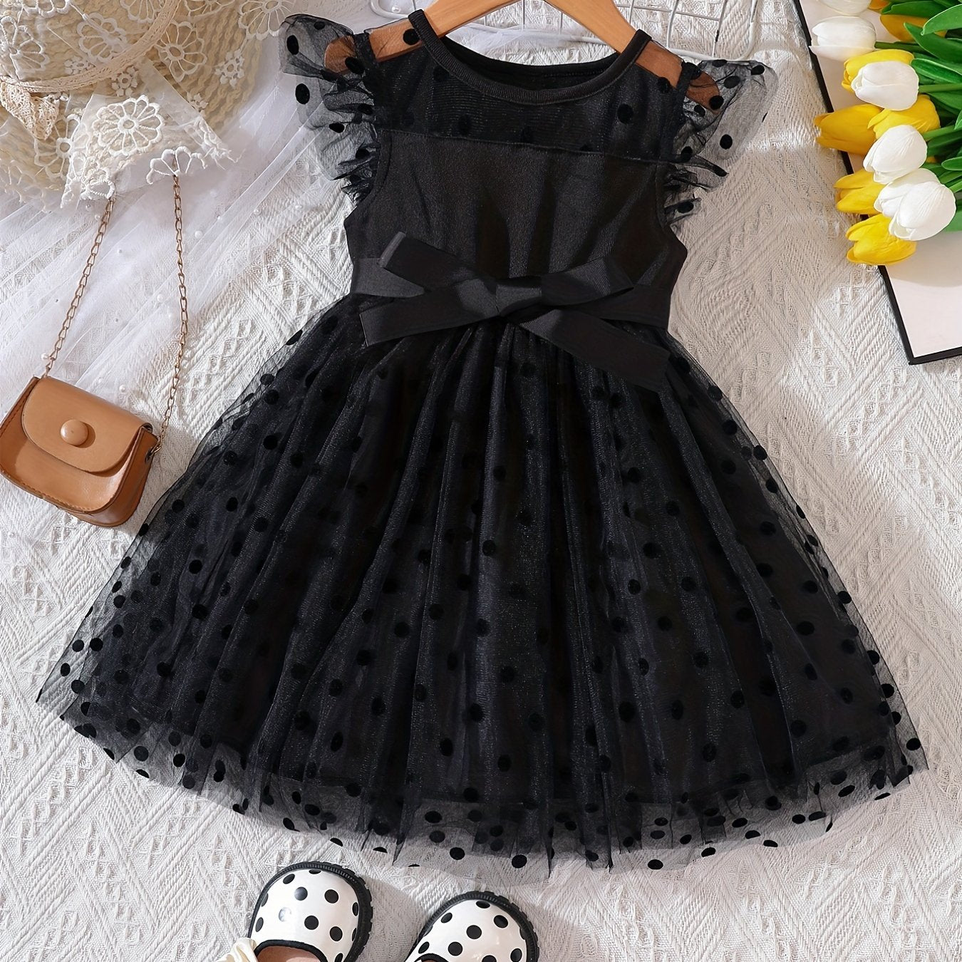 Girls Toddler Polka Dot Tutu Dress with Contrast Mesh for Parties and Vacations