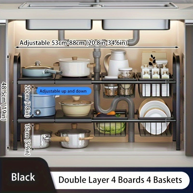 Black Metal Storage Rack Set with Removable Baskets for Kitchen and Bathroom Organization