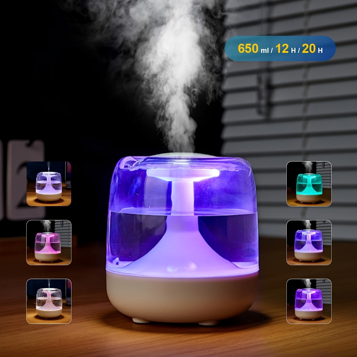 Transparent USB Humidifier with 7-Color Night Light, Silent Mist for Bedroom Office
