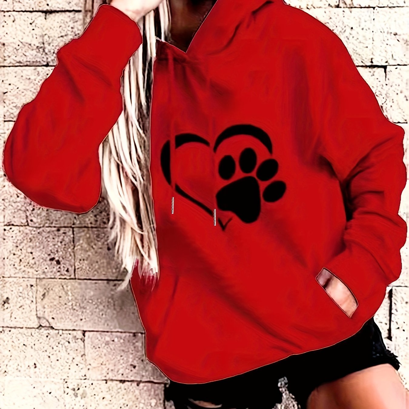 Women's Plus Size Casual Fleece Hoodie with Paw Heart Print and Pockets