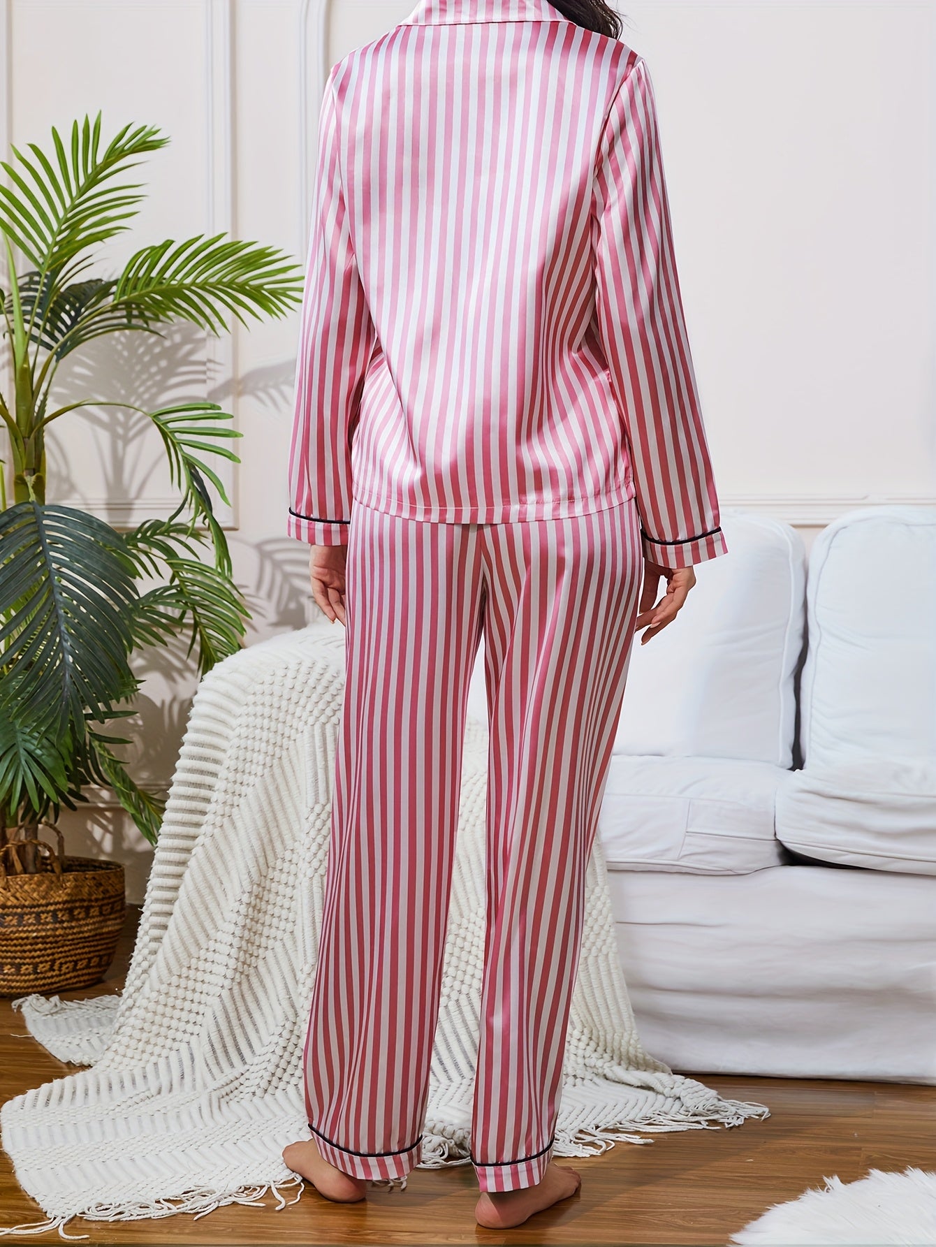 Women's Satin Striped Pajama Set with Button-Up Top and Long Pants
