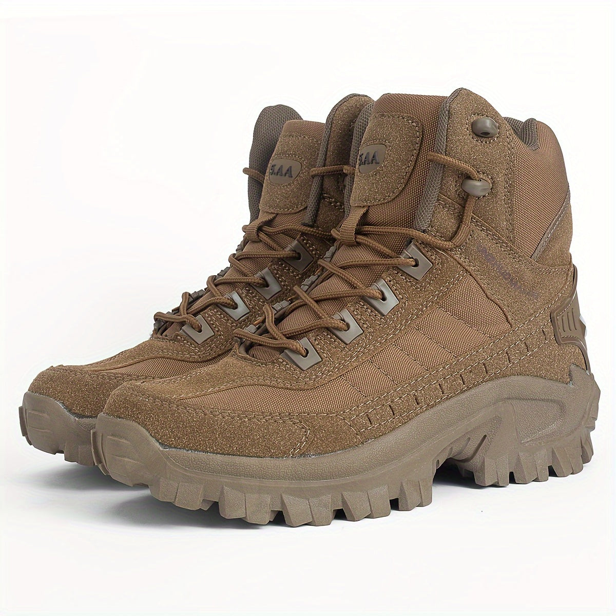 Mustahkam erkaklar uchun qisqa sayohat botinkalari, bir rangli, sun'iy yuqori qismi, mato ichki qismi, kauchuk taglik va tashqi foydalanish uchun shoelace yopilishi.