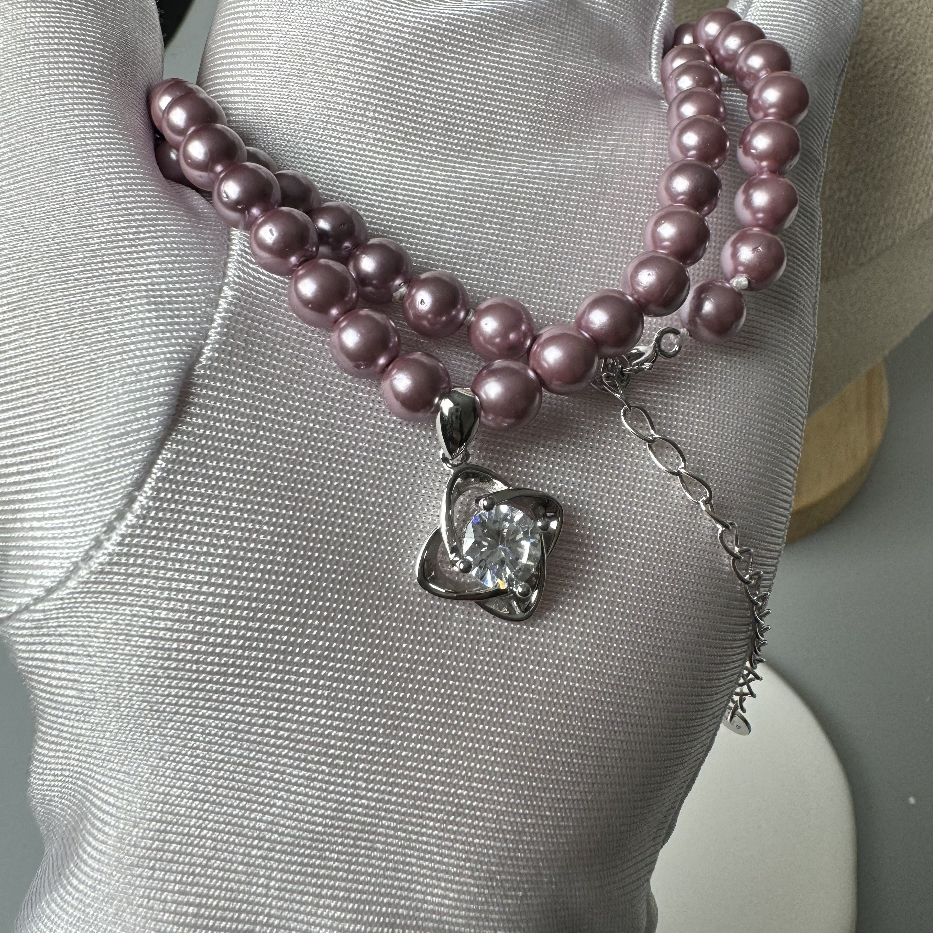 Purple Shell Pearl Necklace with Clover Pendant and Zirconia in 18K Gold Plated S925 Silver for Women