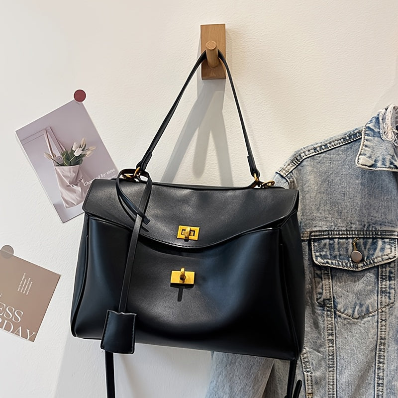 Women's Black PU French-Style Soft Tote Bag with Large Capacity for Daily Use