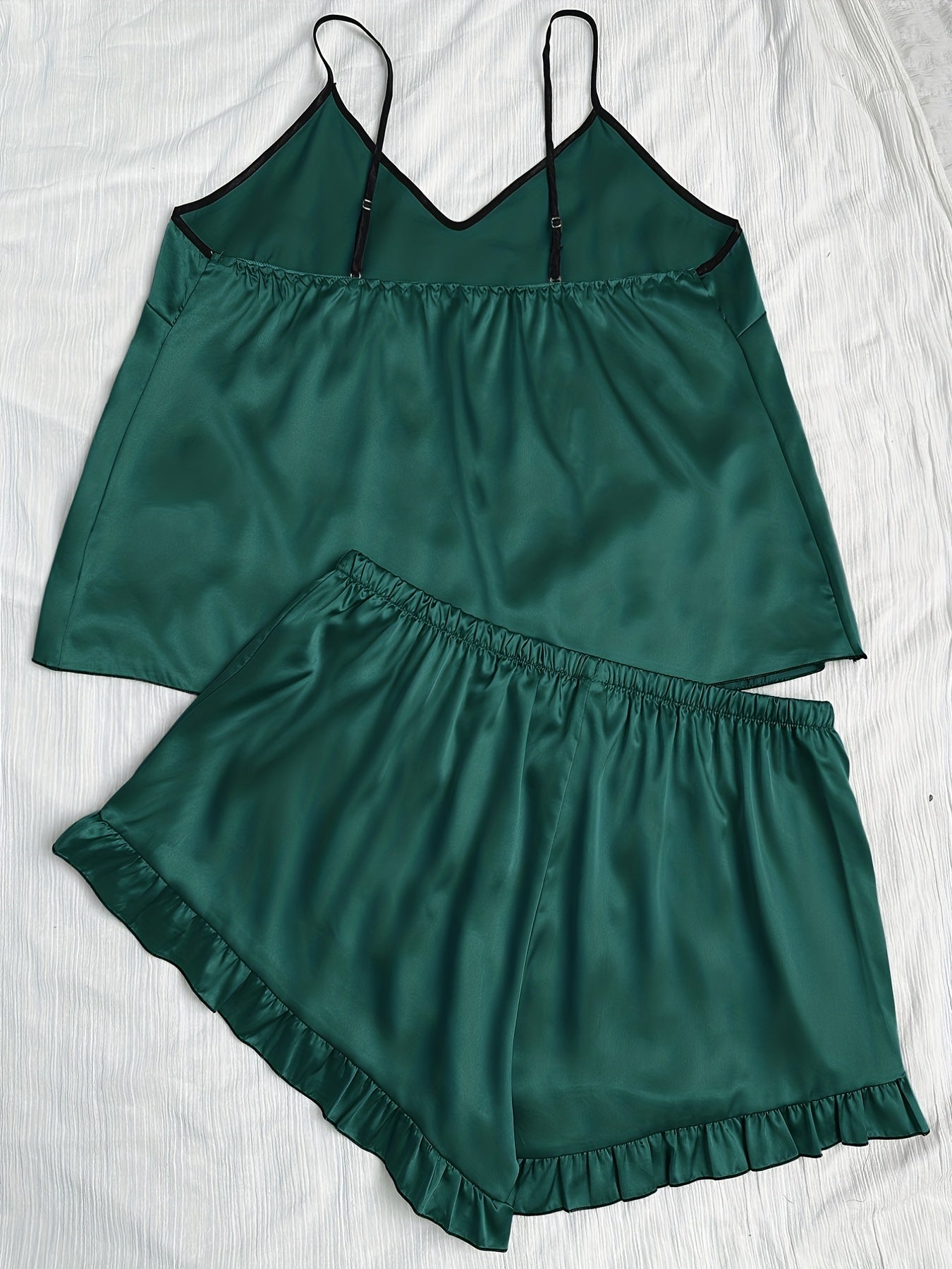 Plus Size Women's Satin Pajama Set Cami Top Ruffle Hem Shorts Sleepwear