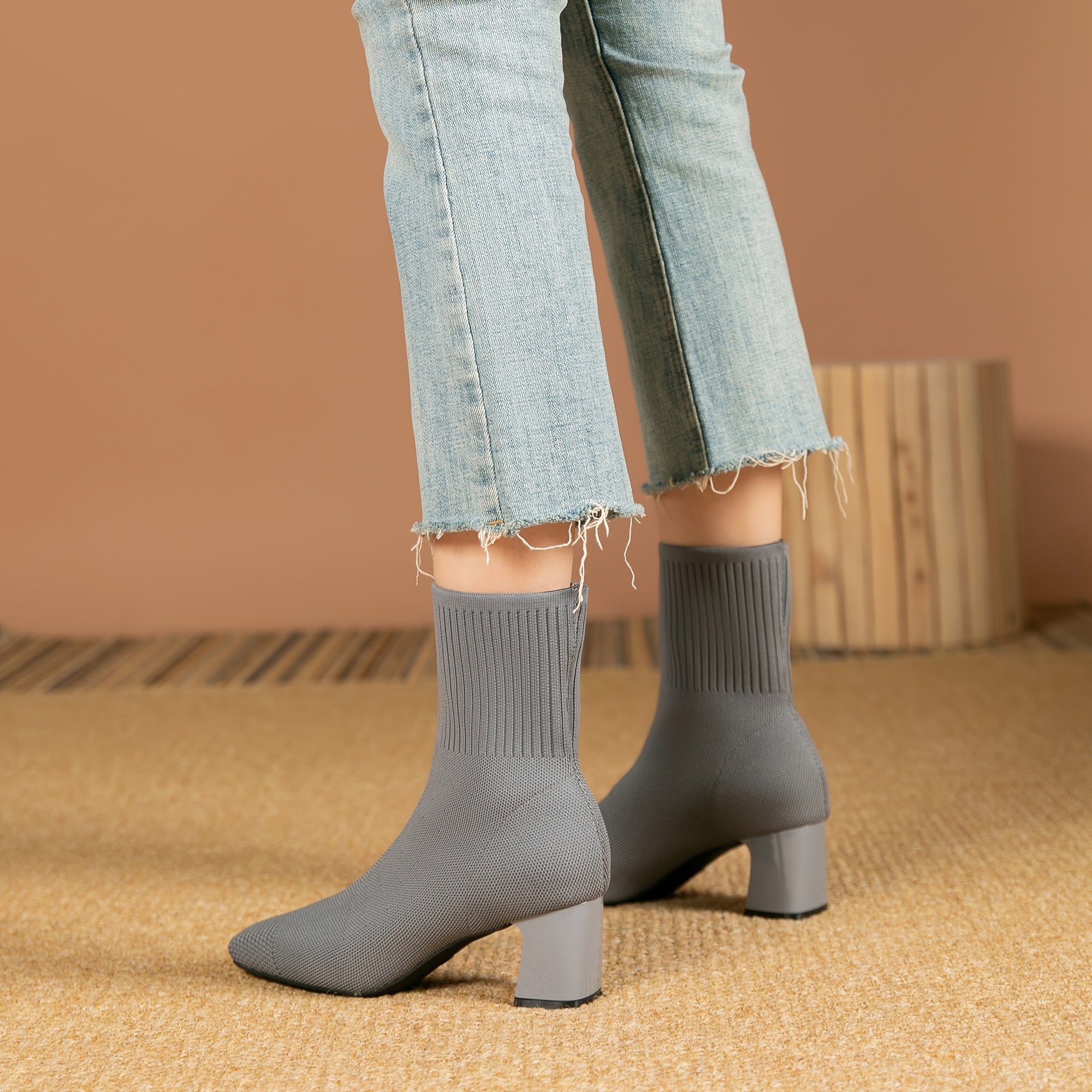 Women's Fabric Square Toe Ankle Boots Casual Slip-On High Heel Mid-Calf Shoes