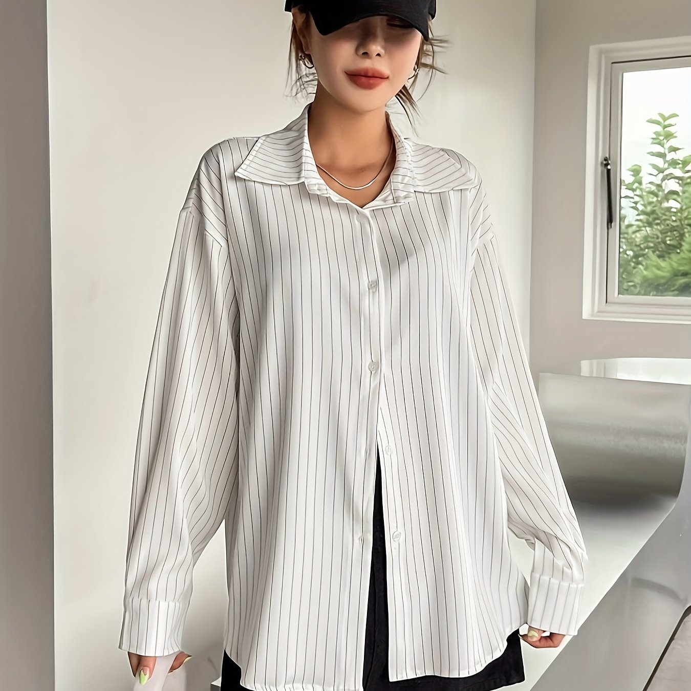 Women's Striped Drop Shoulder Shirt Long Sleeve Polyester Casual Wear for Spring Summer Fall