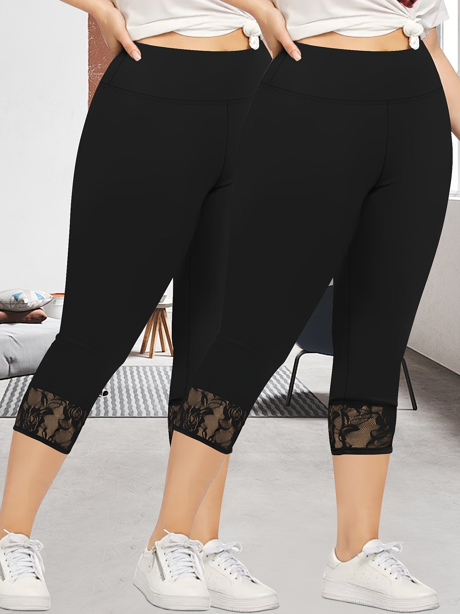 Plus Size High-Waisted Flounce Hem Pants Two-Pack Spring Summer Patchwork Lace