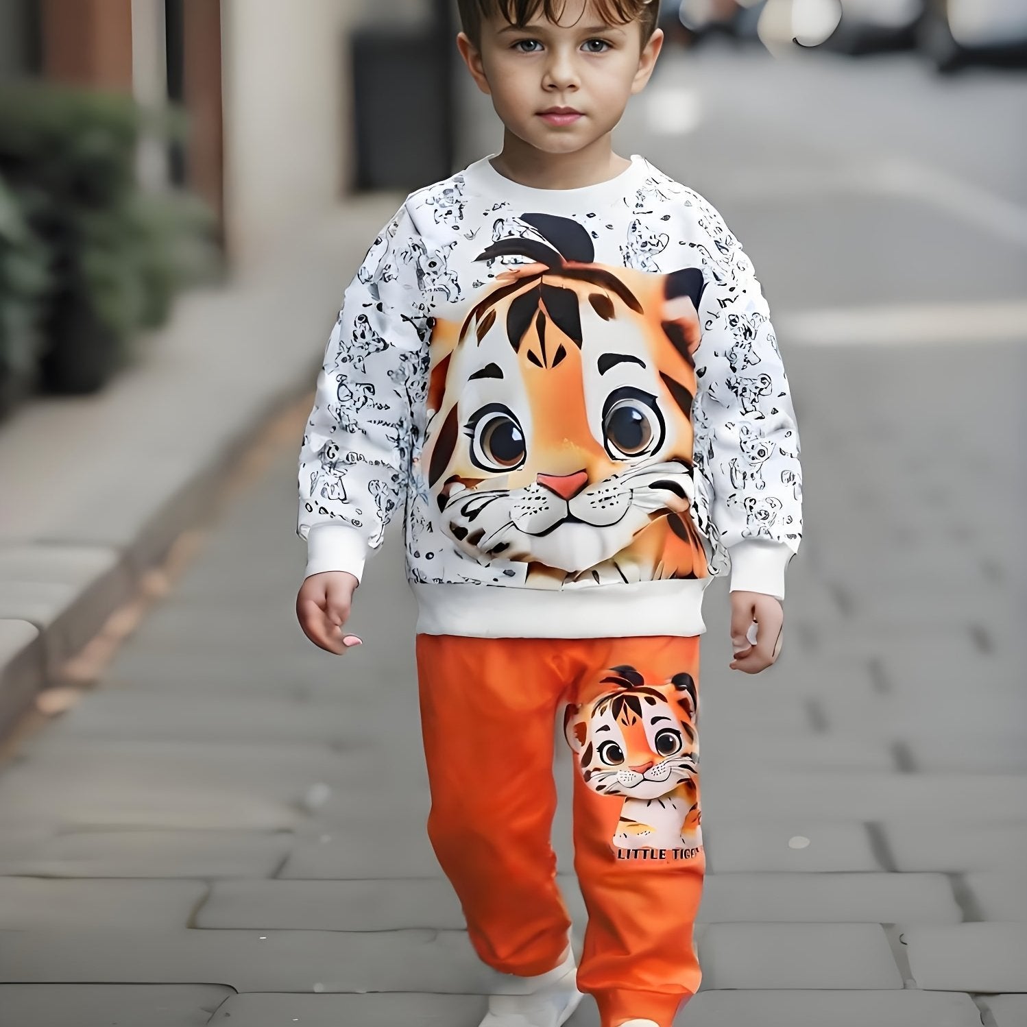 Kids' Tiger Print Sweatshirt Set Polyester Knit Spring Autumn Casual 2pcs