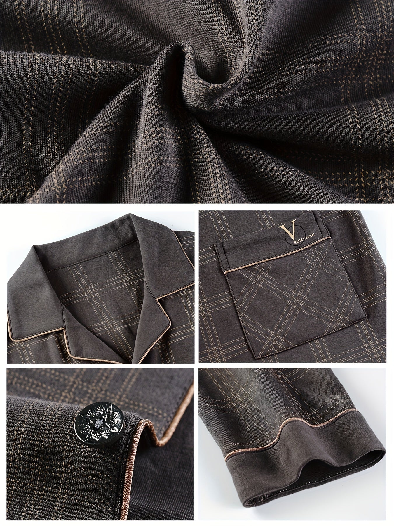 Conjuntos de pijama de algodón para hombre, camisa de manga larga y pantalones, cuadros marrones, ropa de descanso para primavera y otoño