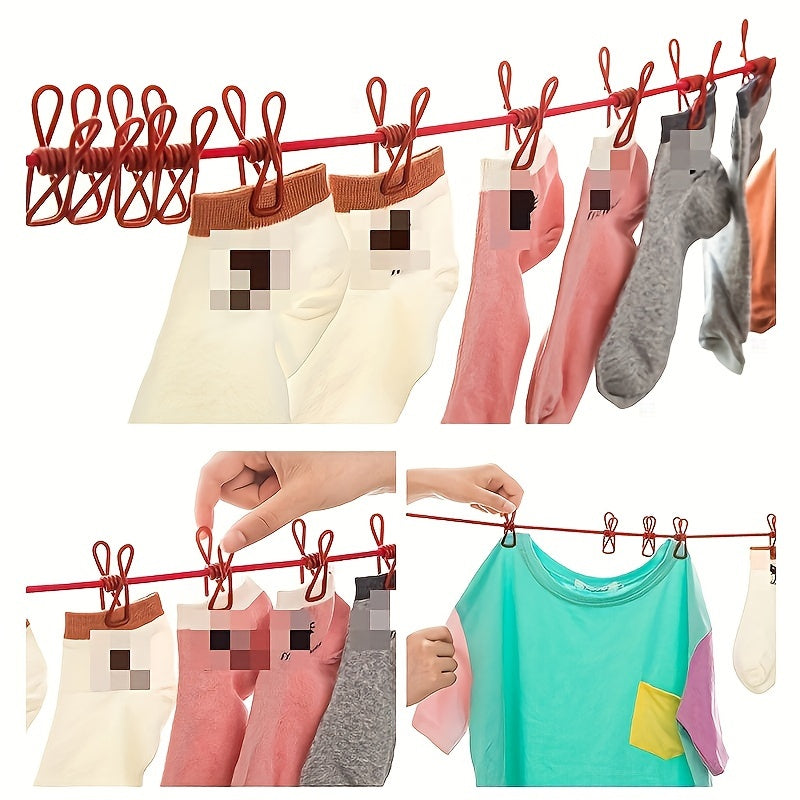 12 ta klipli portativ sayohat va ochiq havoda foydalanish uchun mo'ljallangan kiyim quruq chiziq, tortiladigan dizayn, metalldan yasalgan shamolga chidamli kir yuvish ipi. Kamping va uyda foydalanish uchun ideal.