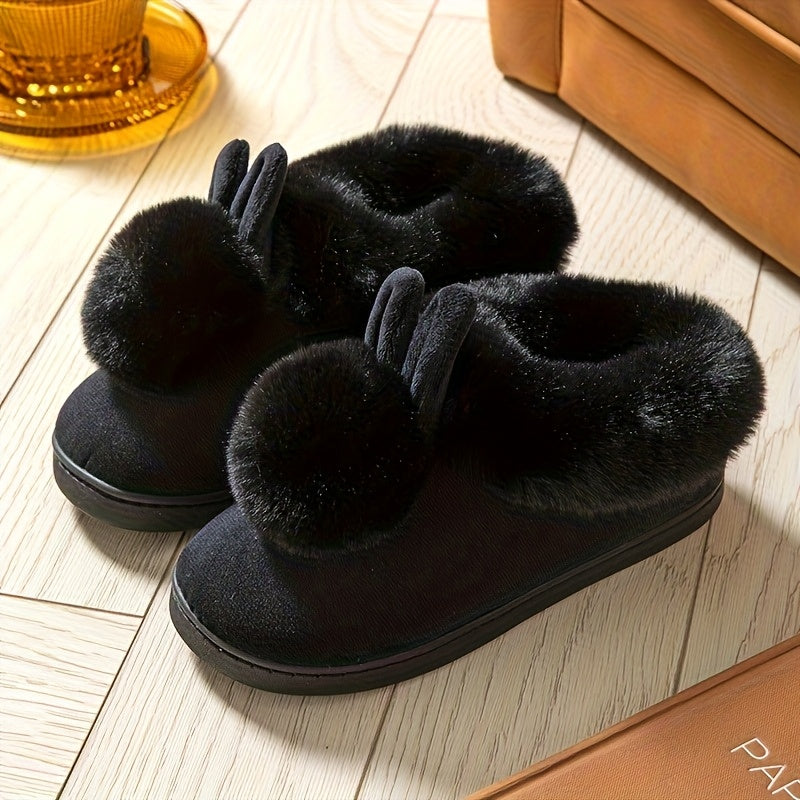 Women's Fleece-Lined Indoor Slippers with Non-Slip Soles and Fluffy Ears