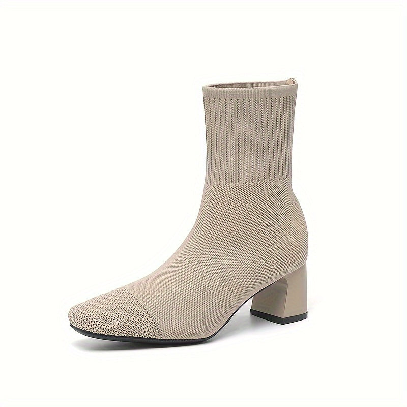 Women's Ankle Boots Breathable Knit Slip-On Block Heel Solid Color
