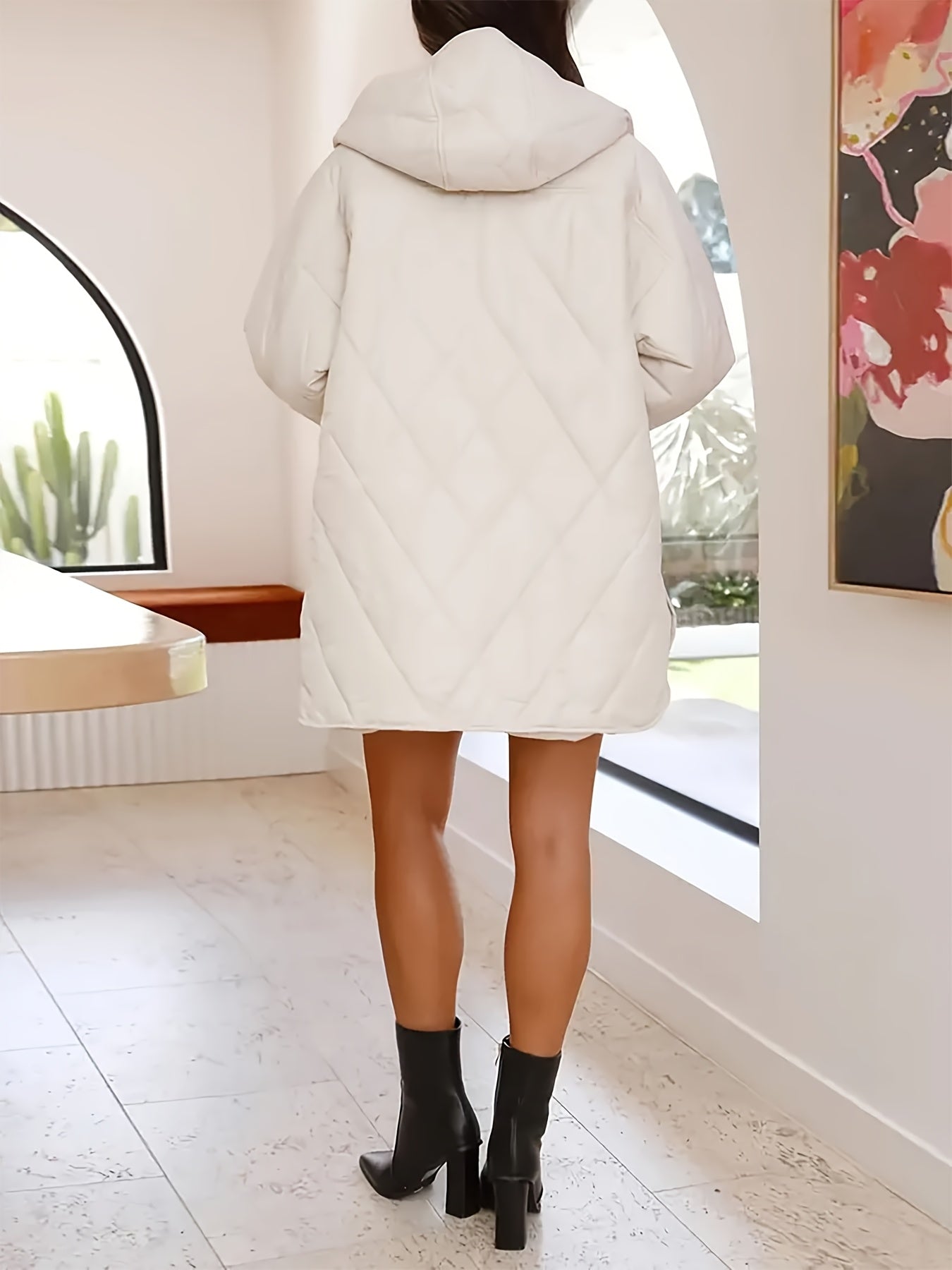 Abrigo de invierno para mujer talla plus con capucha, manga larga, patrón de cuadrícula de rombos, poliéster