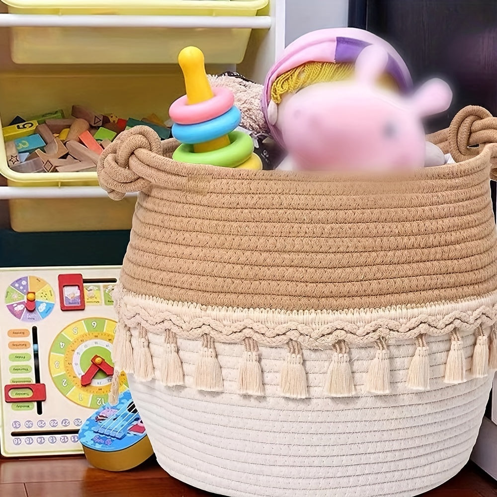 Bohemian Tassel Woven Storage Basket for Kids Nursery Toy and Laundry Hamper 30cm x 23cm