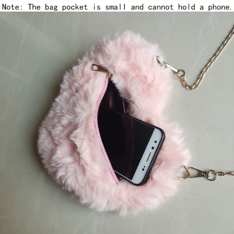 Heart-Shaped Fluffy Faux Fur Shoulder Bag Zipper Closure for Valentine's Day and Casual Use