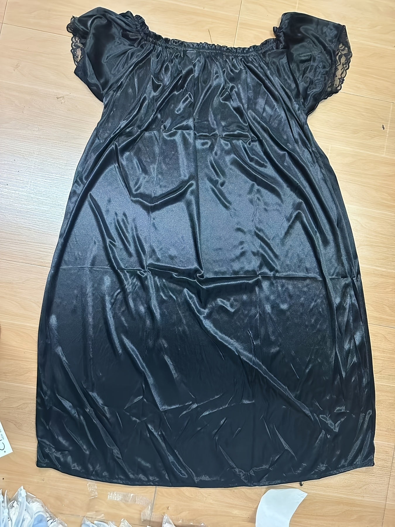 Women's Off-Shoulder Night Dress Short Sleeve Solid Polyester Sleepwear for Spring Summer