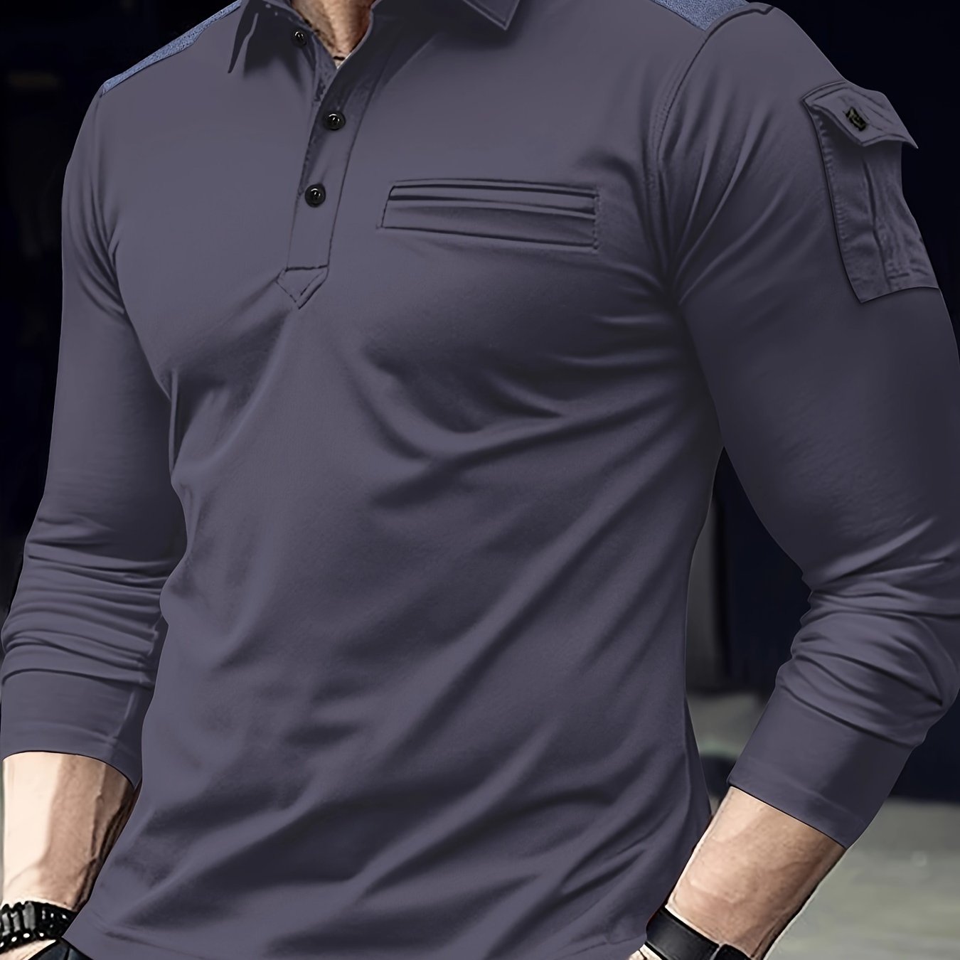 Camisa casual de hombre de manga larga de poliéster con bolsillos en los brazos, parches en los hombros, para otoño e invierno