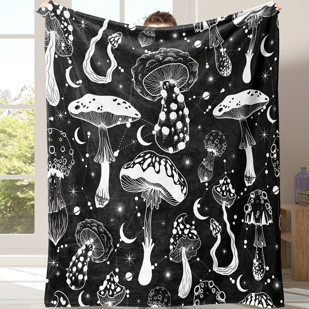 Black and White Mushroom Pattern Flannel Blanket for Cozy Naps and Snuggling