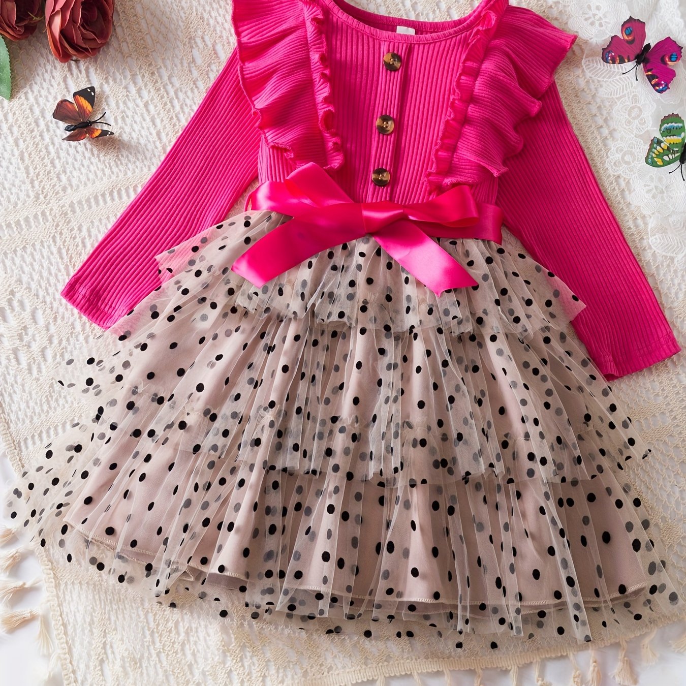 Kids Girls Summer Polka Dot Tulle Princess Dress A-Line Fairy Style Button Accents Non-Stretch Polyester