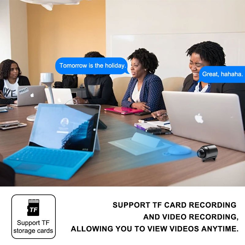 Mini WiFi kuzatuv kamerasining zamonaviy qora dizayni TF karta sloti bilan. Uy xavfsizligi va uy hayvonlarini kuzatish uchun ideal. USB quvvatlanadi va smartfonlar bilan mos keladi. Kompakt 480P rezolyutsiyasi. SD karta kiritilmagan.