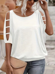 Women's Solid Crew Neck T-Shirt with Cutout Short Sleeves for Summer