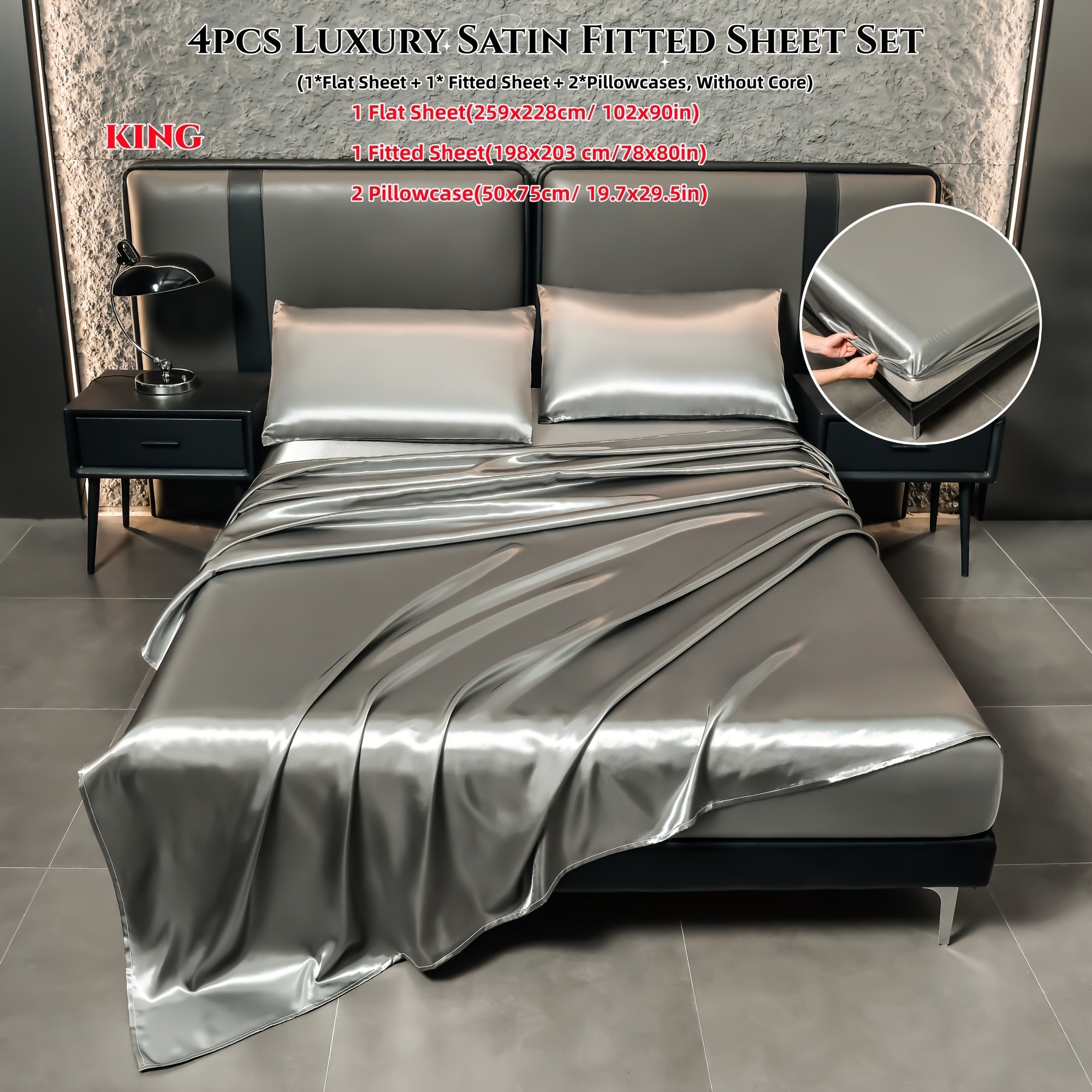 Juego de sábanas de satén de 4 piezas, reversible, transpirable, antideslizante, de color sólido para dormitorio, invitados, hotel
