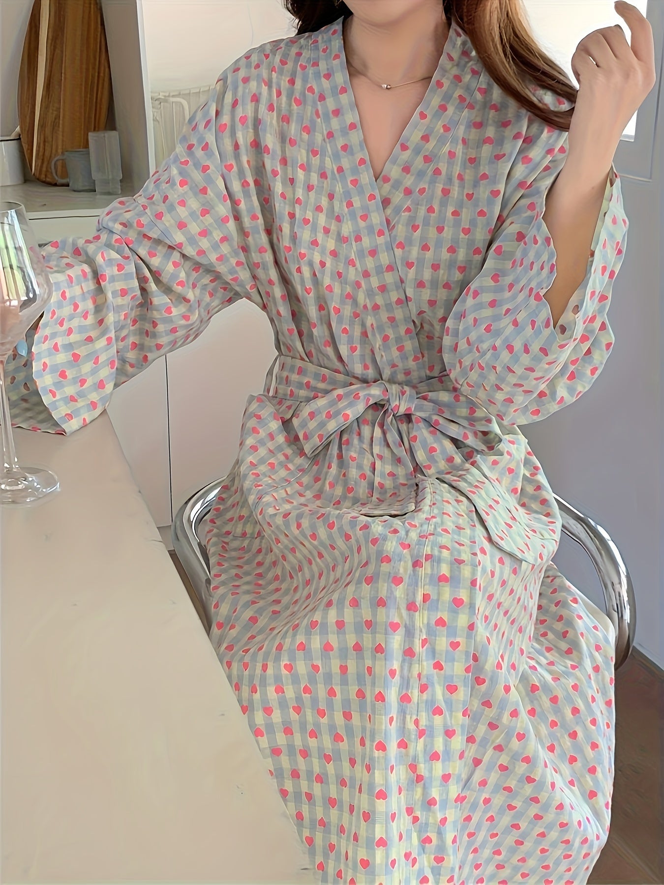 Women's Plaid Heart Print Robe Spring Summer Loose Fit Home Dress