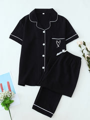 Women's Heart Embroidery Casual Pajama Set Short Sleeve Top and Long Pants