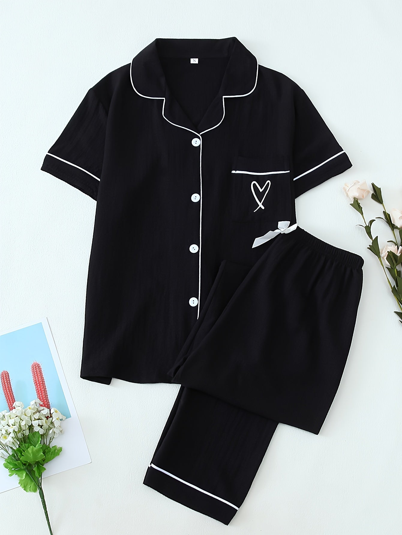 Women's Heart Embroidery Casual Pajama Set Short Sleeve Top and Long Pants