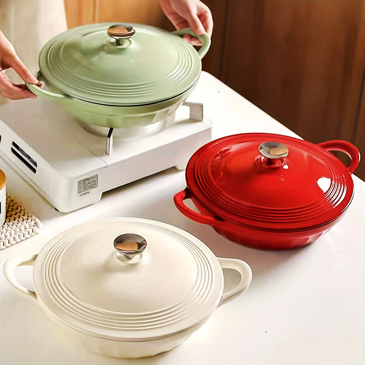 Enamel Rice Pot with Lid Cast Iron Stew Pot Oven Kitchenware Set 61oz 98oz 105oz