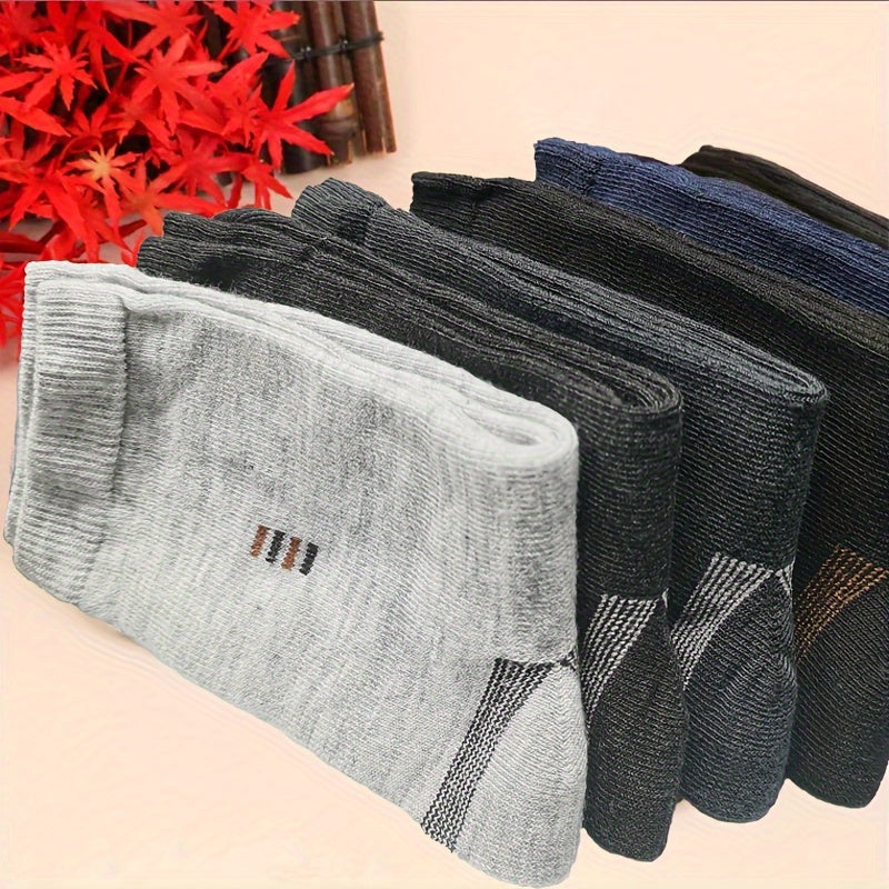 Men's Black Long Socks 5 Pairs Casual Mid-Calf Knit Polyester Cotton Spandex