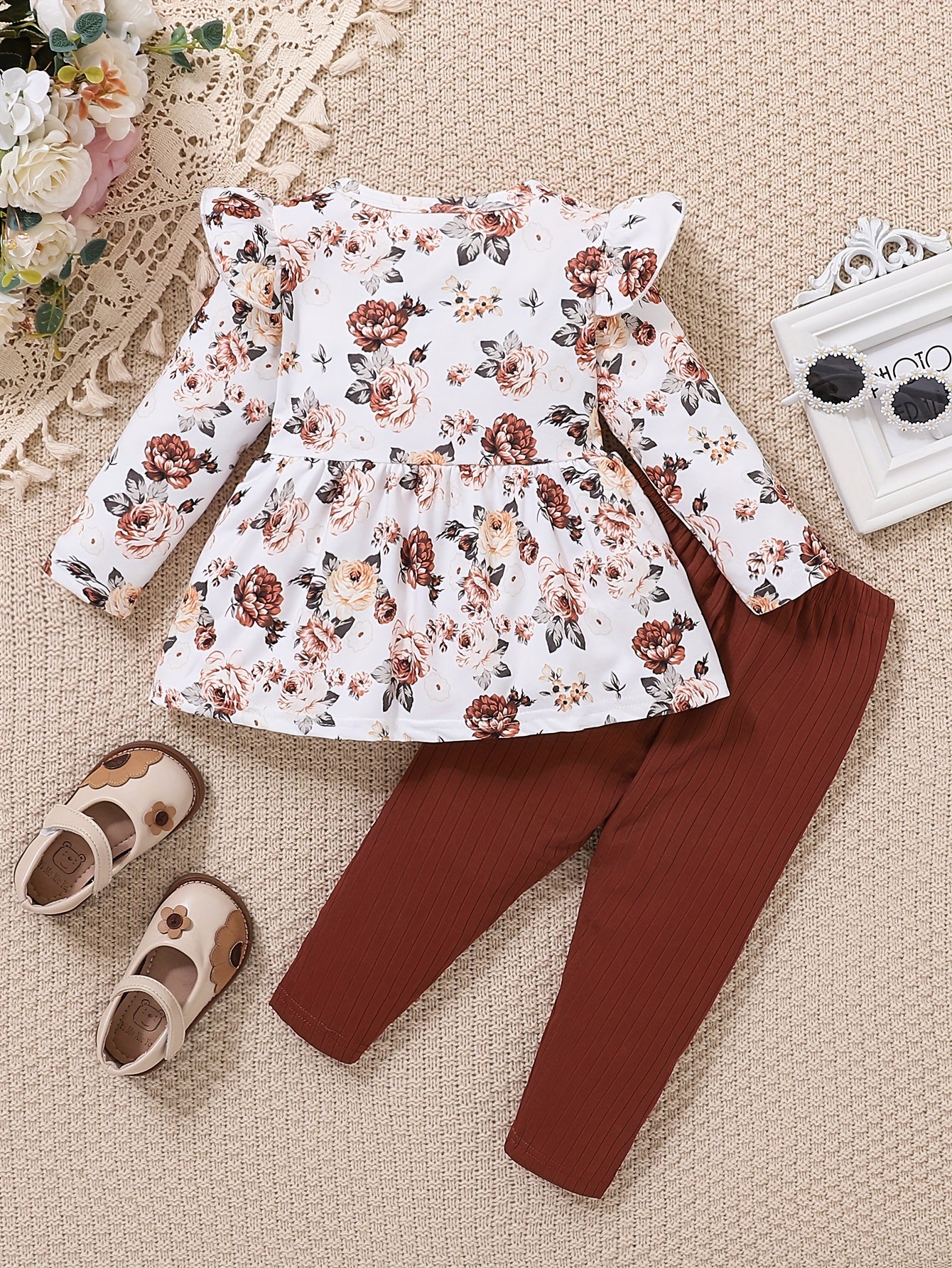 Женский топ с цветочным принтом и рукавами-флапами, комплект с эластичным поясом и бантом для весны и осени