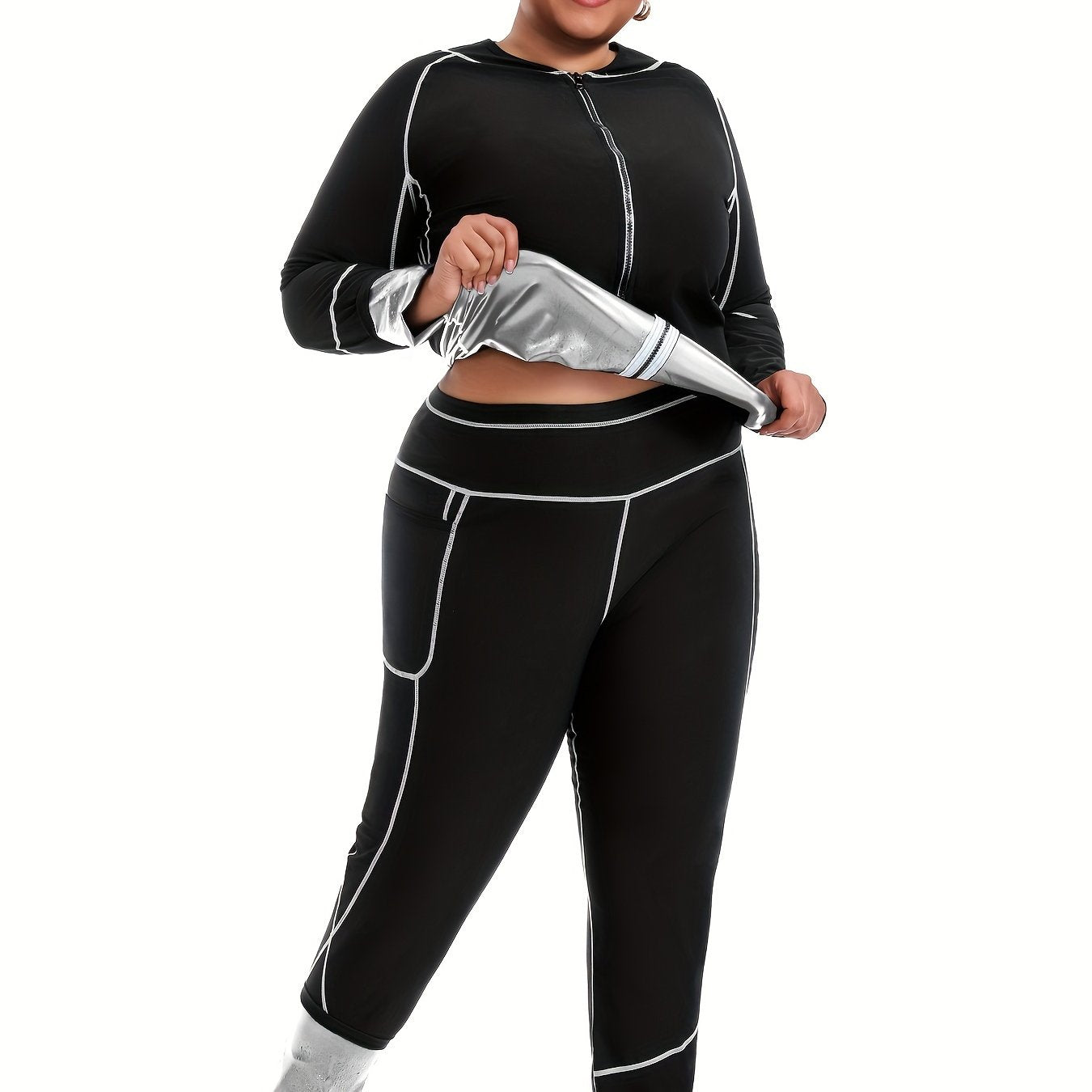 Plus Size Women's Shapewear Suit for Autumn Winter Patchwork Long Sleeve Waist Trimmer Yoga Set