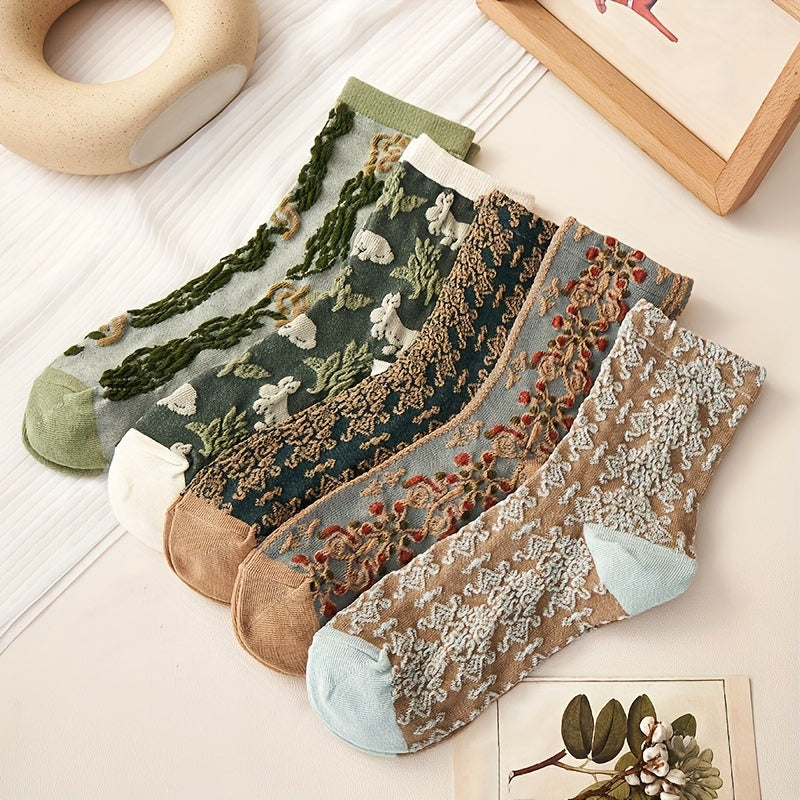 Women’s Floral Print Knee-High Socks 5 Pairs Mid-Tube Knit Polyester Elegant