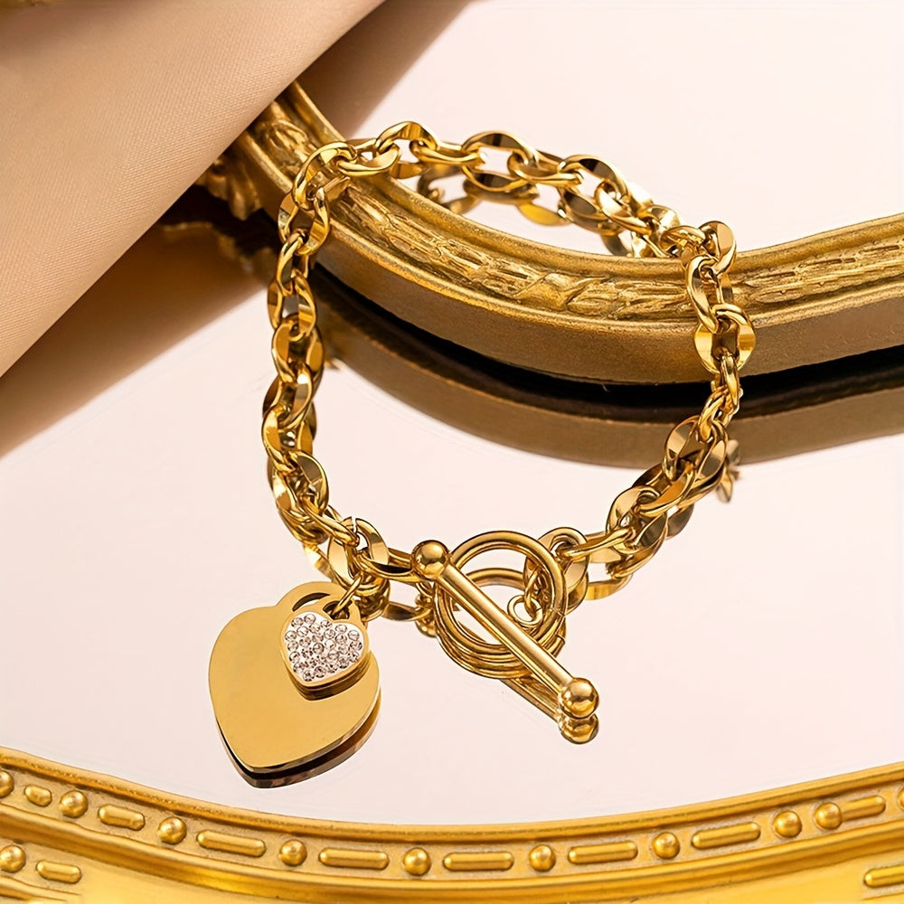 Zarif titan po'latidan yasalgan sevgi yurak bilaguzuk, kubik zirkon bilan, tasodifiy kiyimlar uchun ideal.