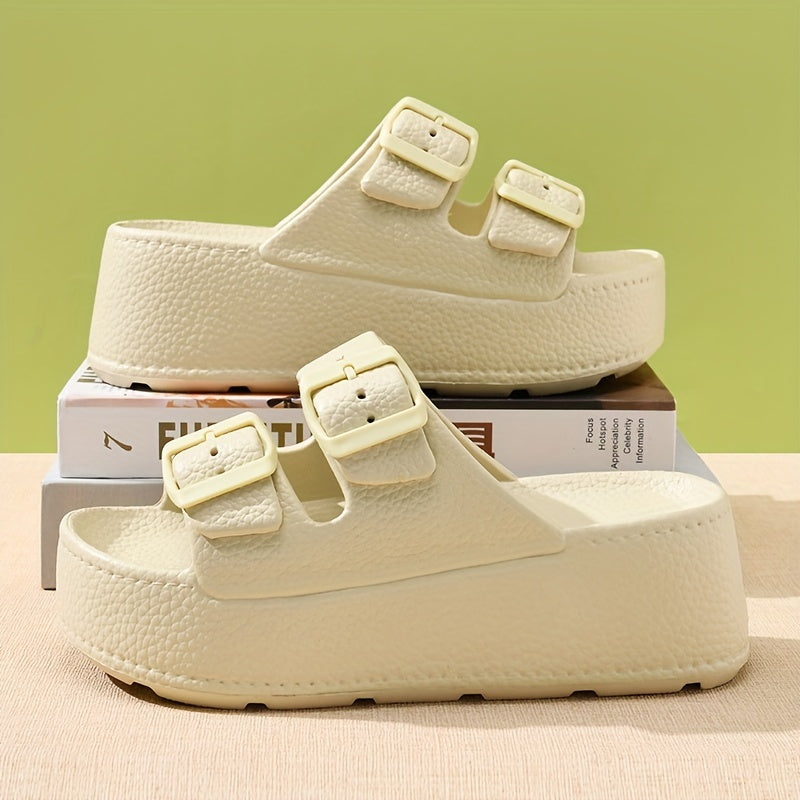 Women's Casual Solid Color EVA Platform Slippers with Buckle Closure Breathable Anti-Slip Super Thick Sole