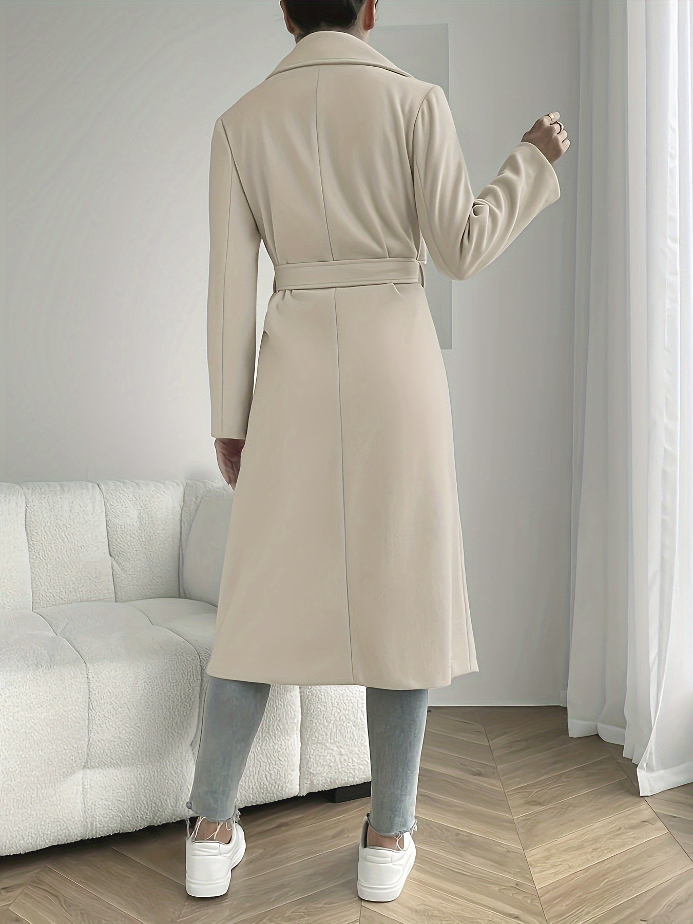 Women's Solid Color Wool Blend Overcoat with Belt Long Sleeve Fall Winter Outerwear