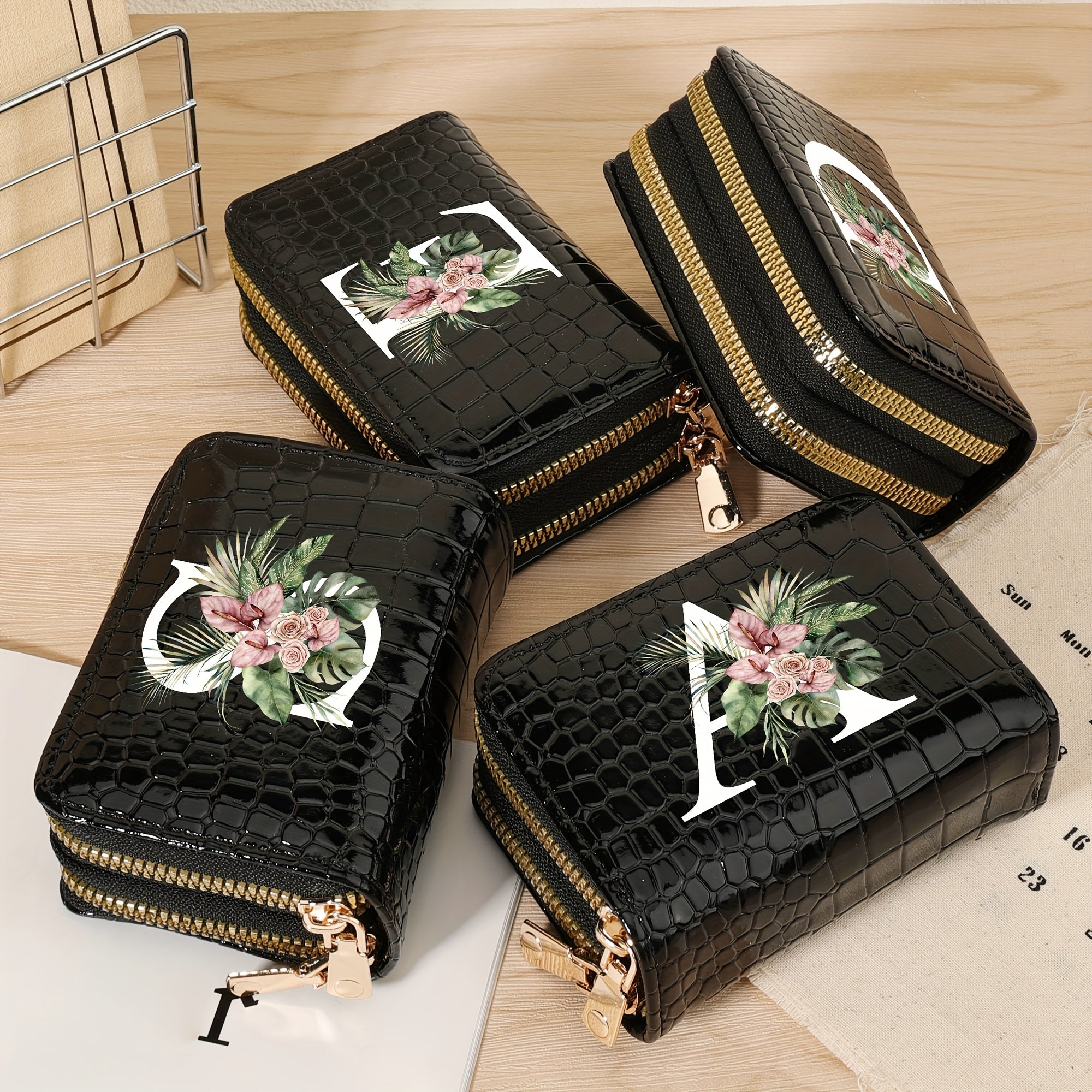 Cartera para tarjetas de crédito para mujer con estampado floral de letras, negro y blanco, gran capacidad, con cremallera y textura de cocodrilo en PU