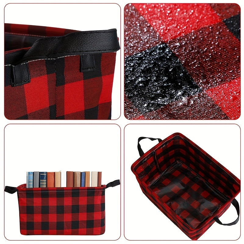 Plaid Christmas Gift Basket Storage Box with Handles for Home or Office Red Black