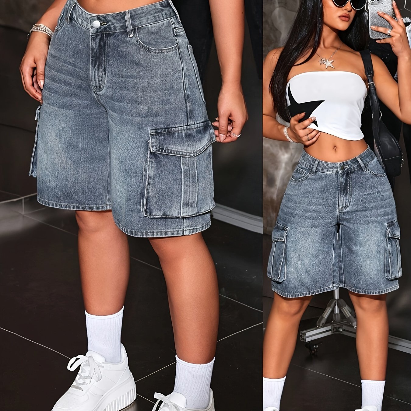 Plus Size Women's Denim Overalls Summer Casual Loose Waistband Multiple Pockets