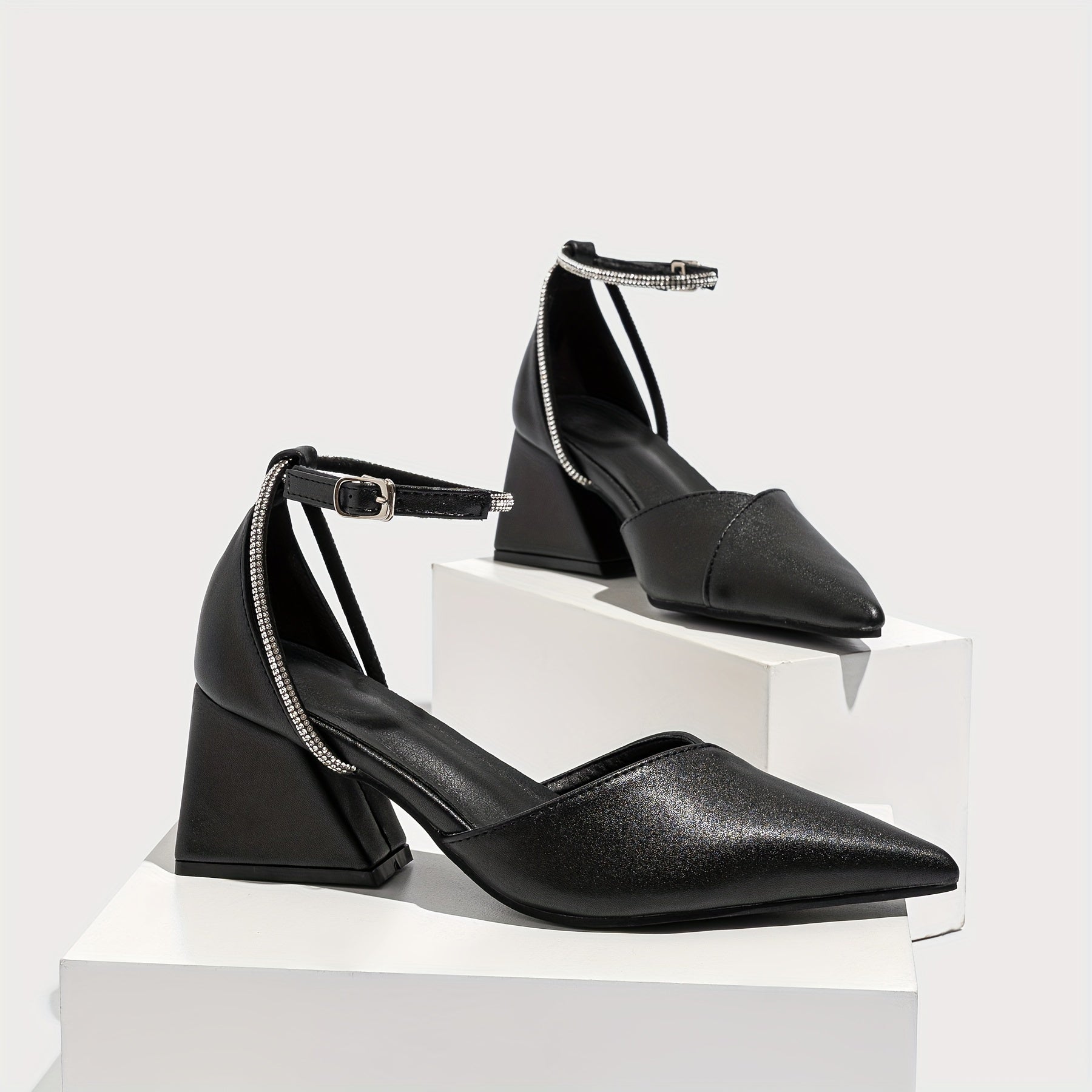 Women's Chunky Heels with Rhinestone Decor and Buckle Strap Pointed Toe Mid Heel All-Season Pumps
